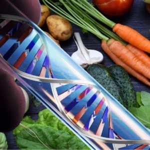 DNA helix model surrounded by fresh vegetables, illustrating the connection between genetics and nutrition.