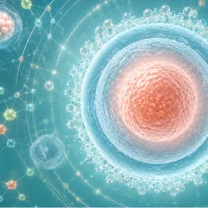 Microscopic illustration of a human cell surrounded by molecular structures.