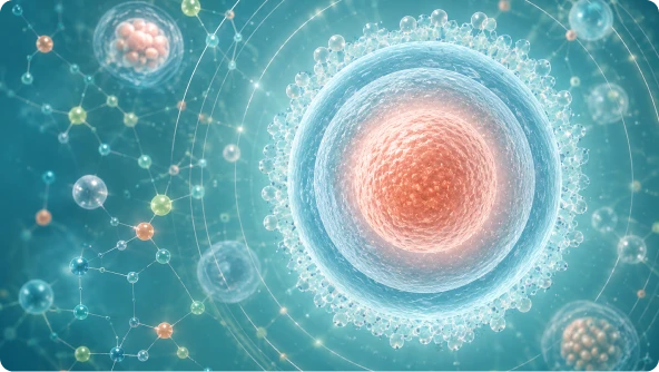 Microscopic illustration of a human cell surrounded by molecular structures.