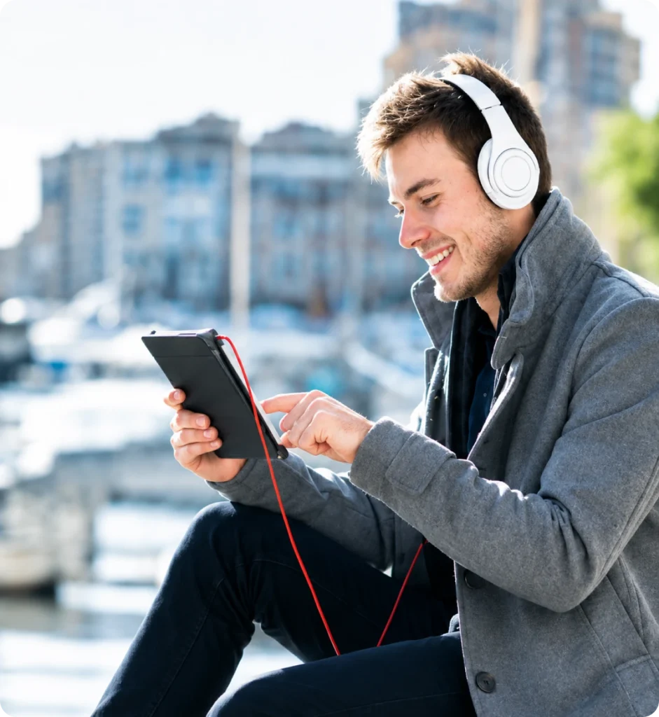 Man wearing headphones and using a tablet while sitting outdoors near a marina.