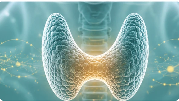 Medical illustration of the thyroid gland positioned in front of the trachea.